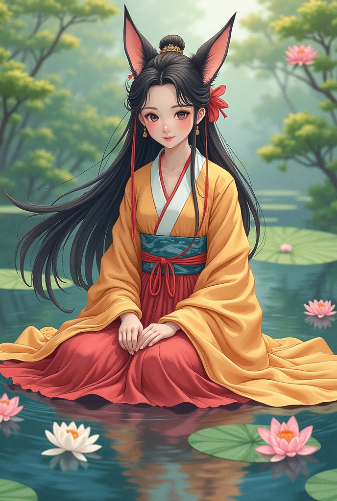 absurd, high resolution, Extremely detailed, (1 Girl:1.3), Hand Painted, Simple lines, 16-year-old girl wearing colorful Chinese Hanfu, Sexy fox ears girl, By the lotus pond, masterpiece, sitting in water, Floating clothes, Flowing hair