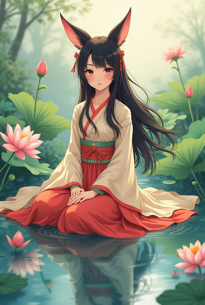 absurd, high resolution, Extremely detailed, (1 Girl:1.3), Hand Painted, Simple lines, 16-year-old girl wearing colorful Chinese Hanfu, Sexy fox ears girl, By the lotus pond, masterpiece, sitting in water, Floating clothes, Flowing hair