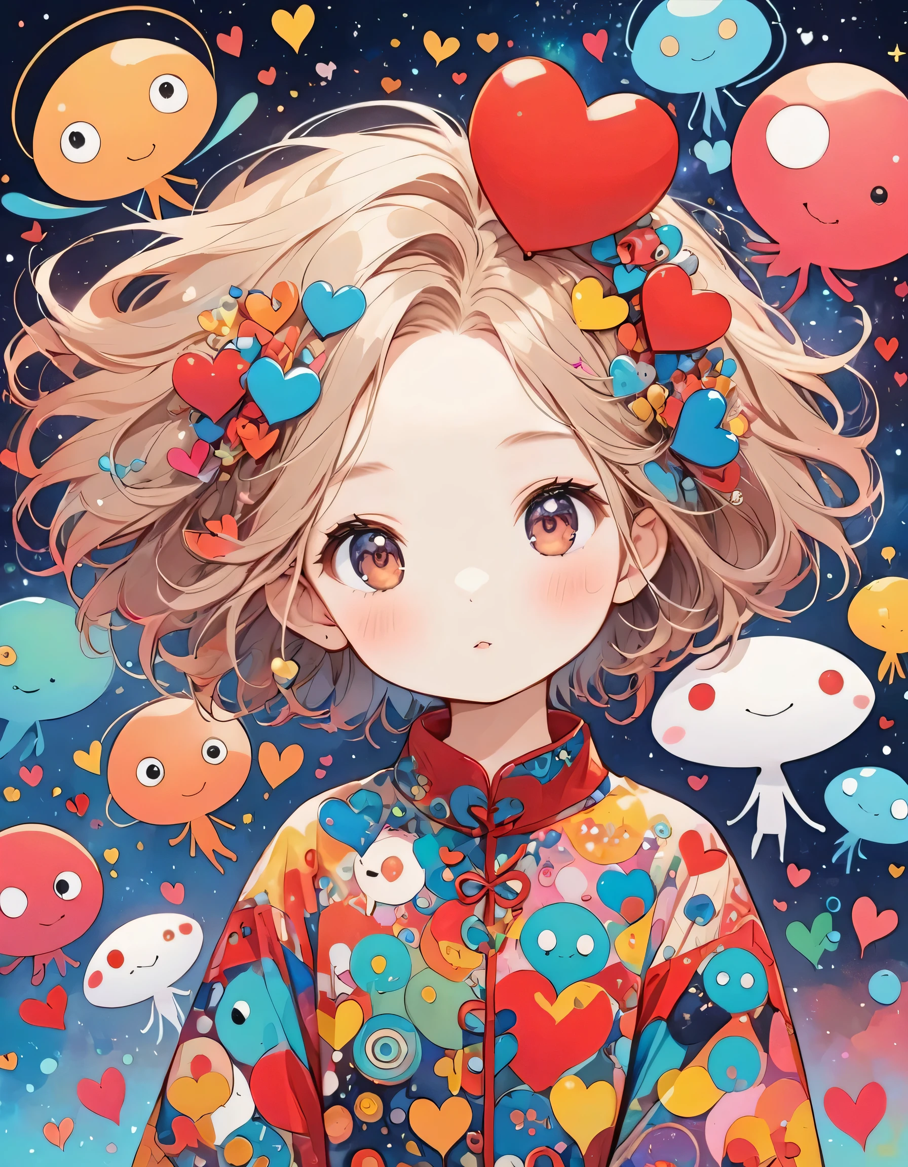 Black Star Red and White style, Simple Line Initialism，Abstract art, girls, colorful hearts, funny design, (((Cute Aliens))), The background is space