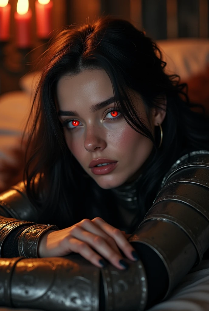 light skin, elven woman about 30 years old,( lying down )full body, black quality hair, distinct red eyes, wearing armor, Beautiful, candlelight in a medieval setting, lying on the bed Very sharp focus, realistic shot, tetradic colors , big breasts, deep neck , growing very seductive, detailed