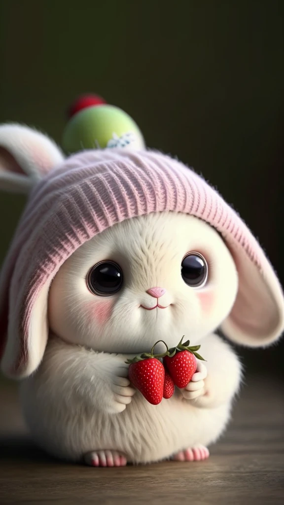 : 3. Rabbit, realistic, hairy, dressed beast, apple, dark circles, blush, cherry, food, fruit, whole body, hat, non-human, strawberry, tomato, watermelon