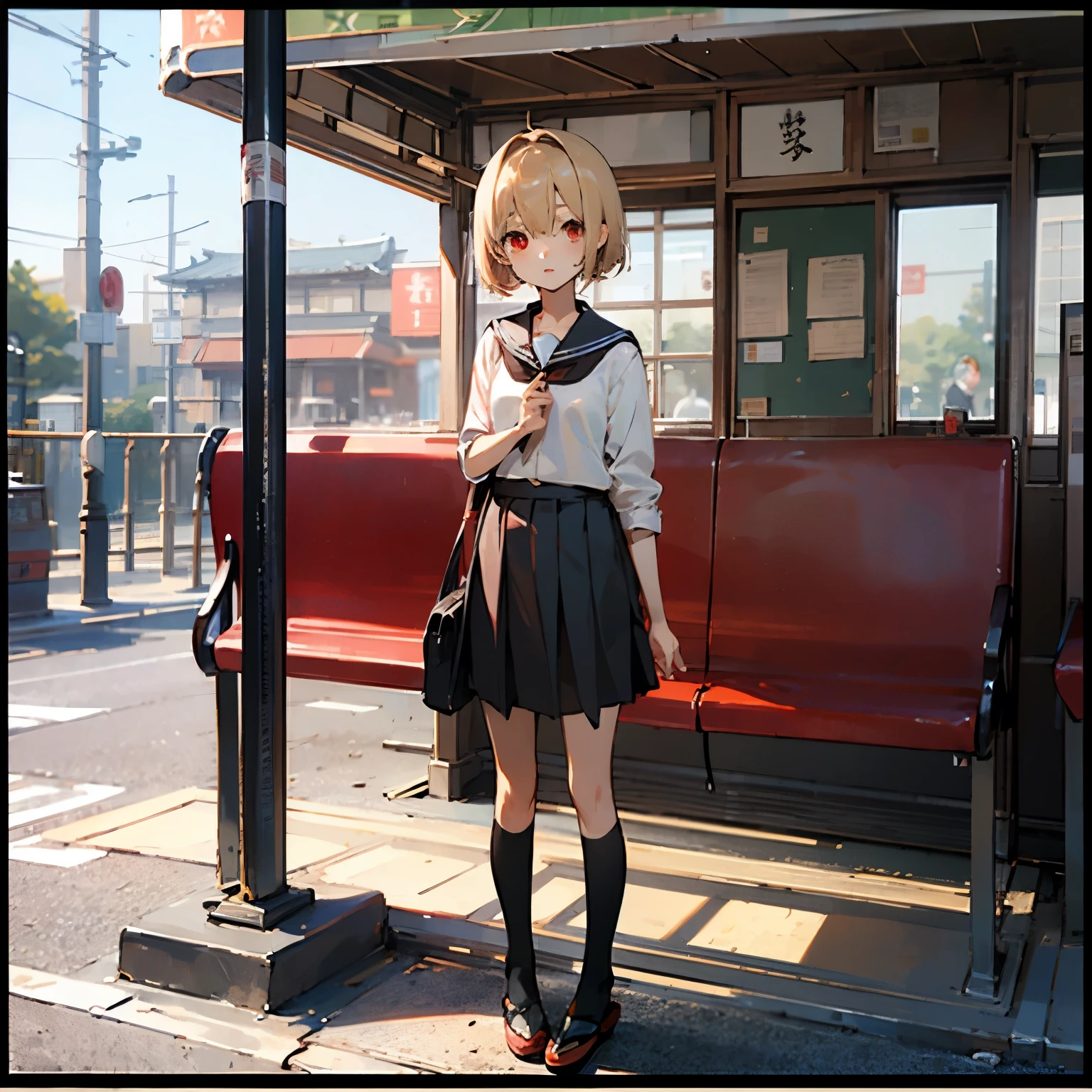 anime young girl in japaneese school uniform with short blond hair wiht red eyes and small breast standing on the bus stop
