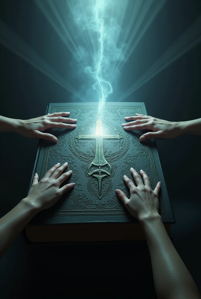 A closed book with a dark and mysterious cover,It has the symbol of the Templars with hands trying to open it, while rays of light and shadows escape from the pages, symbolizing the transformative power of the book&#39;s content and the warning of what is to come.