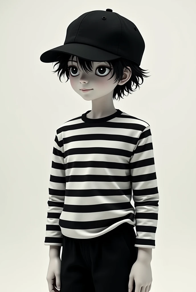 I want a boy inspired by a mime,with short hair that covers her face a little and with a black cap,a black and white striped shirt and completely black pants