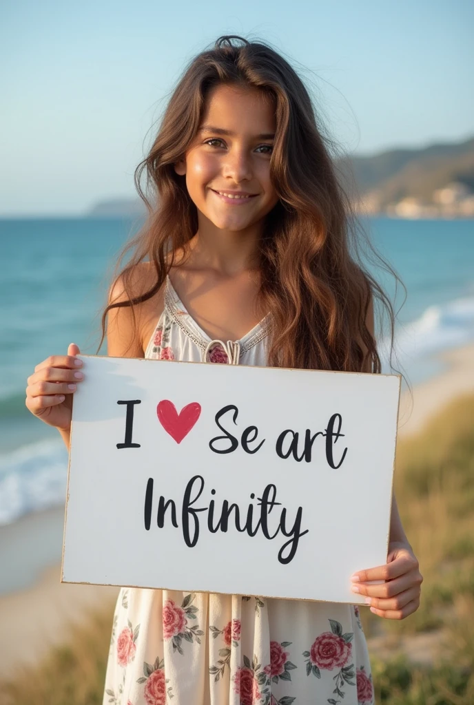 Beautiful girl with wavy long hair, bohemian dress, holding a white board with text "I Love Seaart Infinity" and showing it to the viewer