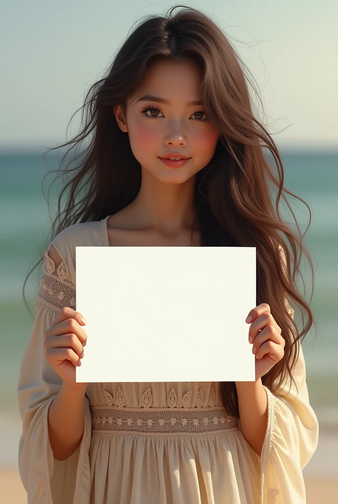 Beautiful girl with wavy long hair, bohemian dress, holding a white board with text "I Love Seaart Infinity" and showing it to the viewer