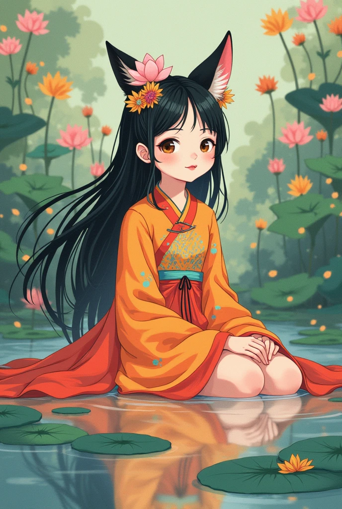 absurd, high resolution, Extremely detailed, (1 Girl:1.3), Hand Painted, Simple lines, 16-year-old girl wearing colorful Chinese Hanfu, Sexy fox ears girl, By the lotus pond, masterpiece, sitting in water, Floating clothes, Flowing hair