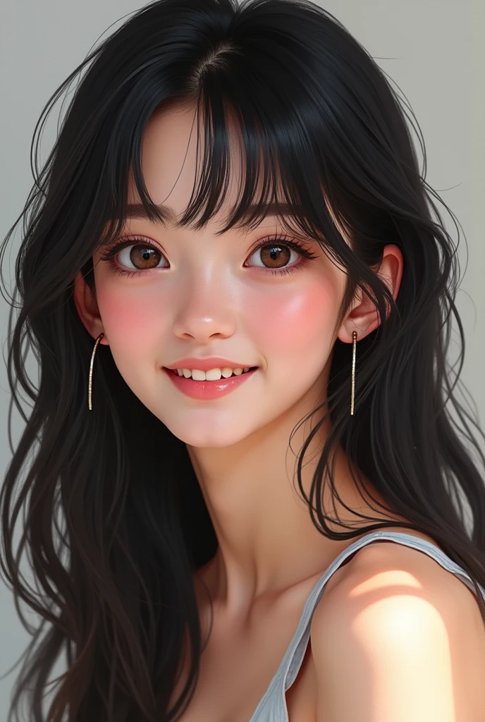 Hairstyle(let down your bangs)
(No beard)
She has double eyelids, beautifully aligned teeth, a moderately high nose, and is sitting with a smile.
