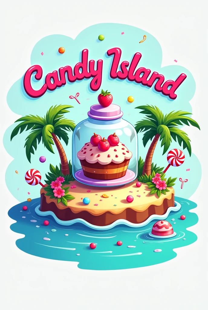 I want a logo for a candy store called Candy Island. I want the island to look like the island in the cartoon Flap and Jack and the lollipop in the middle, exchange it for a cake in a jar.