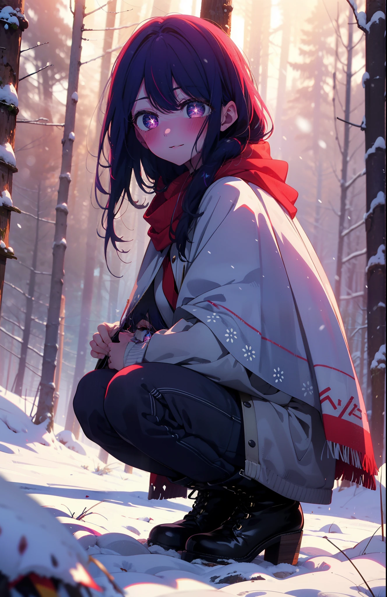 aihoshino, Ai Hoshino, Long Hair, bangs, (Purple eyes:1.1), Purple Hair, (Symbol-shaped pupil:1.5), smile,,smile,blush,white breath,
Open your mouth,snow,Ground bonfire, Outdoor, boots, snowing, From the side, wood, suitcase, Cape, Blurred, , forest, White handbag, nature, Squat, Mouth closed, Cape, winter, Written boundary depth, Black shoes, red Cape break looking at viewer, Upper Body, whole body, break Outdoor, forest, nature, break (masterpiece:1.2), Highest quality, High resolution, unity 8k wallpaper, (shape:0.8), (Beautiful and beautiful eyes:1.6), Highly detailed face, Perfect lighting, Extremely detailed CG, (Perfect hands, Perfect Anatomy),