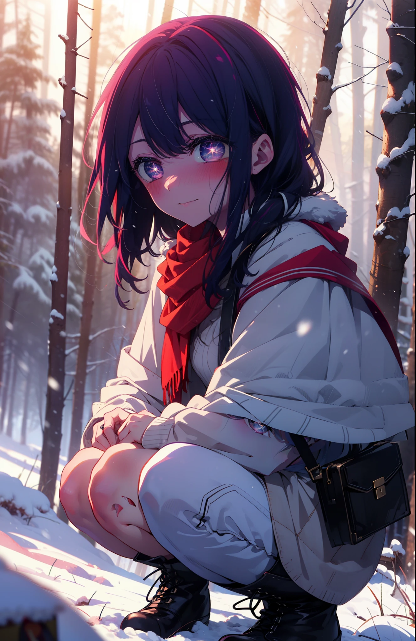 aihoshino, Ai Hoshino, Long Hair, bangs, (Purple eyes:1.1), Purple Hair, (Symbol-shaped pupil:1.5), smile,,smile,blush,white breath,
Open your mouth,snow,Ground bonfire, Outdoor, boots, snowing, From the side, wood, suitcase, Cape, Blurred, , forest, White handbag, nature,  Squat, Mouth closed, Cape, winter, Written boundary depth, Black shoes, red Cape break looking at viewer, Upper Body, whole body, break Outdoor, forest, nature, break (masterpiece:1.2), Highest quality, High resolution, unity 8k wallpaper, (shape:0.8), (Beautiful and beautiful eyes:1.6), Highly detailed face, Perfect lighting, Extremely detailed CG, (Perfect hands, Perfect Anatomy),