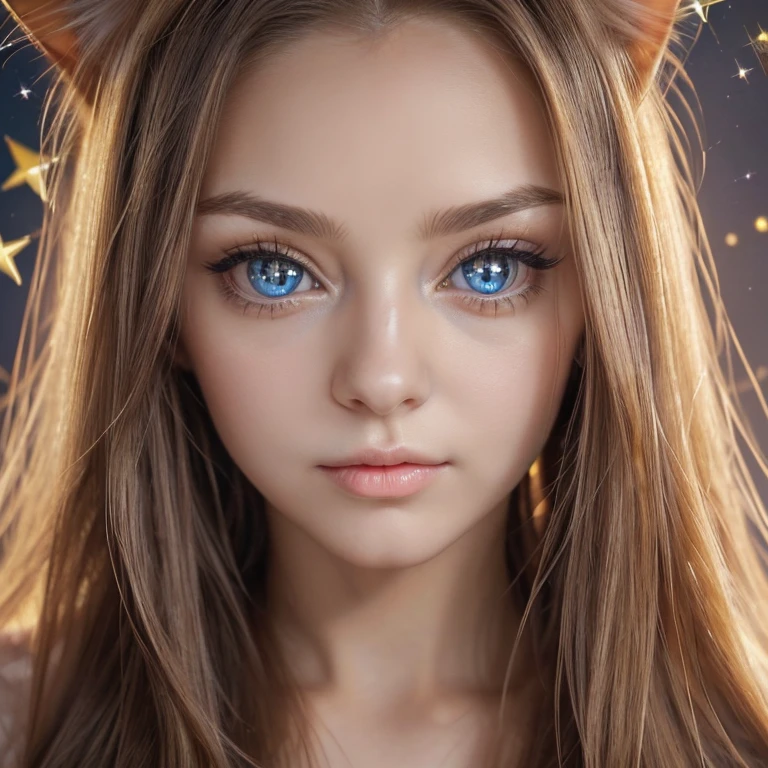 (masterpiece, Best quality), ((1 girl, (mature woman) long hair), (Star-shaped pupils, +_+, pupils in the form of symbols, sparkling eyes), (Cat's ears, open mouth)), (I look at the viewer, slight smile, from the shoulder), (Abstract, colorful background, Abstract background, chromatic aberration),