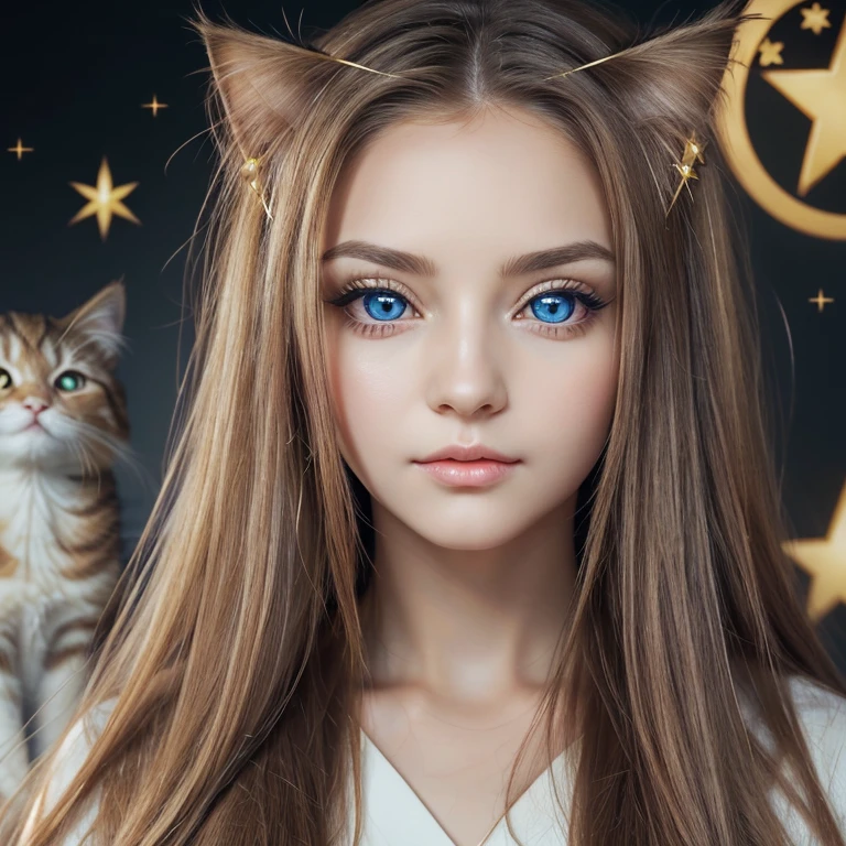 (masterpiece, Best quality), ((1 girl, (mature woman) long hair), (Star-shaped pupils, +_+, pupils in the form of symbols, sparkling eyes), (Cat's ears, open mouth)), (I look at the viewer, slight smile, from the shoulder), (Abstract, colorful background, Abstract background, chromatic aberration),