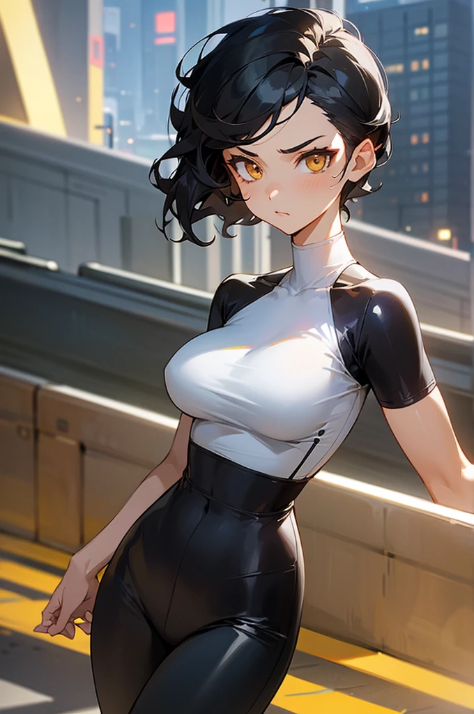 1female , undercut hair , wavy hair ,short hair, black Hair , golden Eyes , lean build , female , Serious Expression , Modern City Background , modern city background, White Shirt exposing cleavage , Tight Leggings, casual clothing