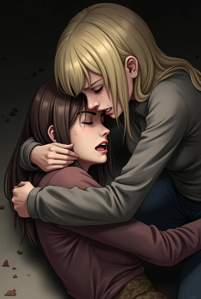 A blonde woman holding another woman unconscious with brown hair, on the ground in a protective manner, crying, with a dramatic tone, holding her closely against her chest. Create images in various drawing styles, anime, comic etc