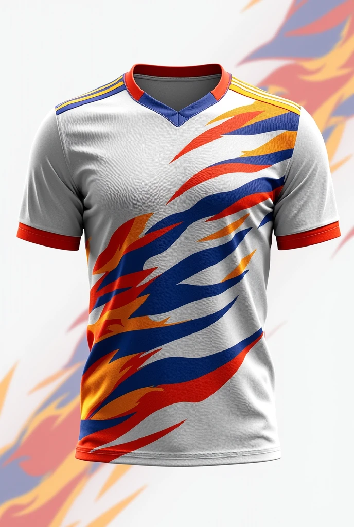 Make a white jersey. Add some tiger stripes. Colour the stripes with red colour, blue colour and yellow colour on the stripes.