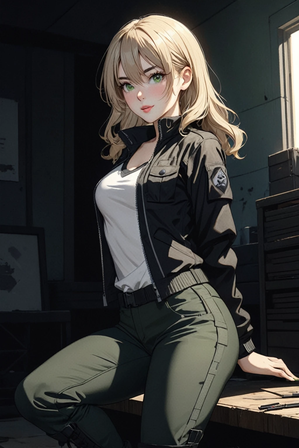 ((best quality)), ((artwork)), Sex/Gender=Female Nationality= German Ethnicity= White Age= 24 Hair= Light brown, wavy, tousled, medium Eyes= Almond-shaped, green, long lashes Body= 5’1”, 155 cm Small. Busty, , athletic and slim build Face= Oval-shaped, thin brows, button nose and full lips Features= Fair skin, mischievous and sloppy appearance Outfit= Black tactical gear. short jacket, white shirt, combat pants, combat boots Landscape= Dark room,Enhance