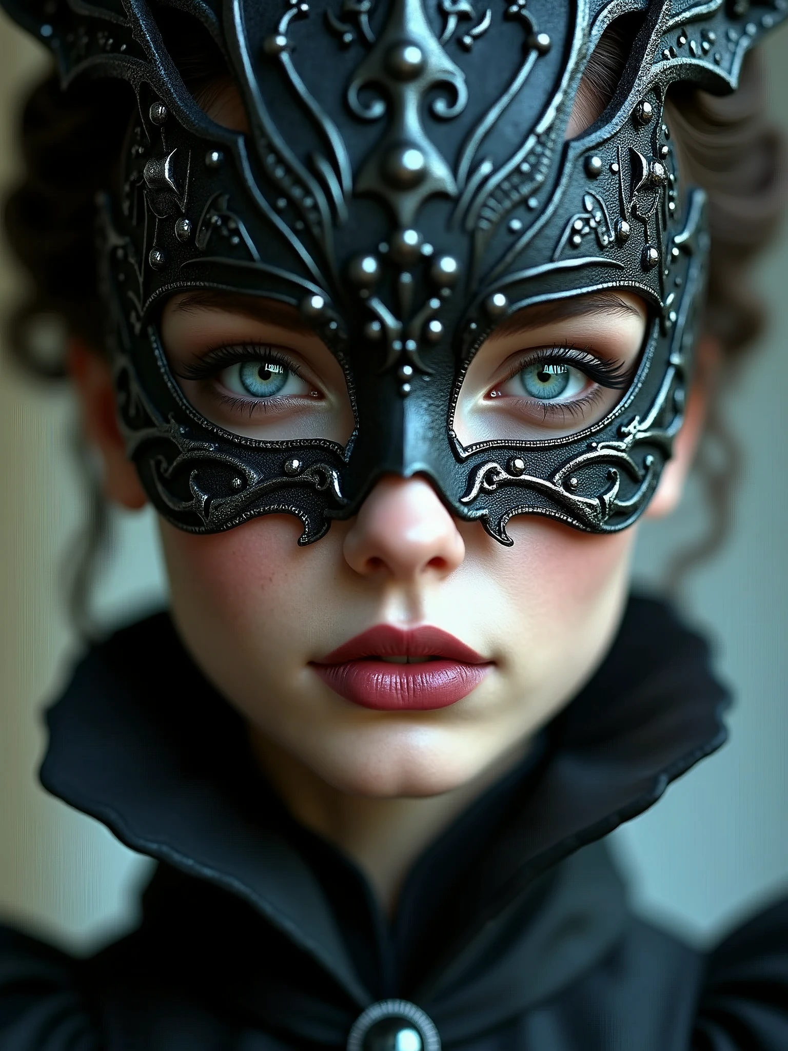 a close up of a woman wearing a mask, cgsociety contest winner, gothic art, wearing fantasy formal clothing, high quality fantasy stock photo, maxim sukharev, wearing intricate black choker