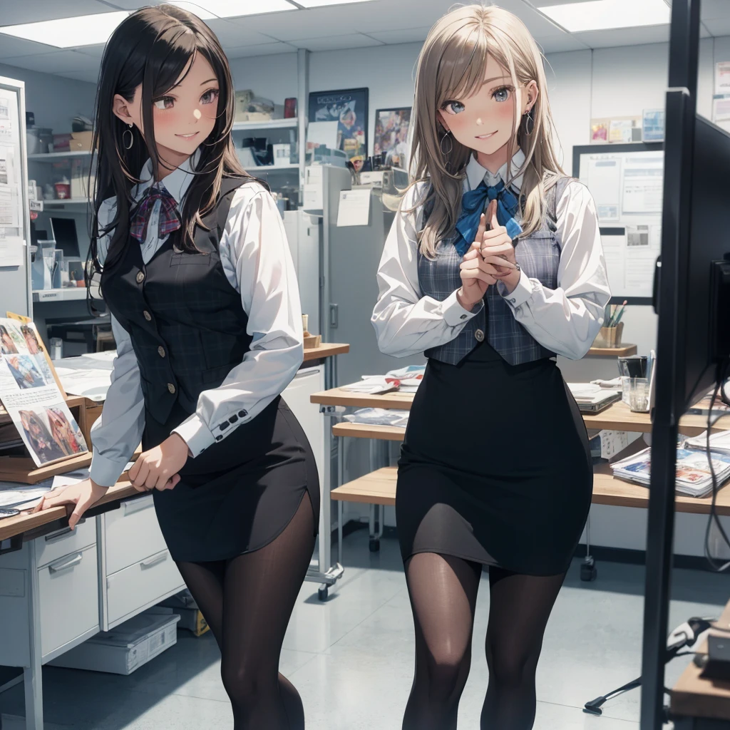 (Best Quality, Masterpiece),Wearing a pink plaid vest, White short sleeved shirt, Gray pencil skirt, Wear stiletto heels, Necklace, earrings, Cute face, Smile, Blushing, Shyness, Glass wall, Ultra Detail, Realistic, Front view, Whole body, stunning, cute, warm smile, hourglass figure, apron, text, chart, advertising, magazine title(Best Quality, Masterpiece), Mag((((1ladyl,)))) (masterpiece), (realistic), (best quality), (ultra-detailed), (wearing in [[white and gray check pattern]] Vest worn over white collared long-sleeved shirt:1.4), (gray vest with buttons:1.2), (Pink Theme:1.2), (blue ribbon ribbon:1.3), (Black theme:1.4), (Tight black pencil skirt:1.5), ((Brown pantyhose)), (high-heels:1.1),longskirt,office desk, office chair,Lulubre Unity 8K Wallpaper, pantyshot, long brown hair, office lady Magazine Cover, 1girl,  amazing, girl, 30 years old, house wiife, warm smile, hourglass figure, text, chart, advertising, magazine title