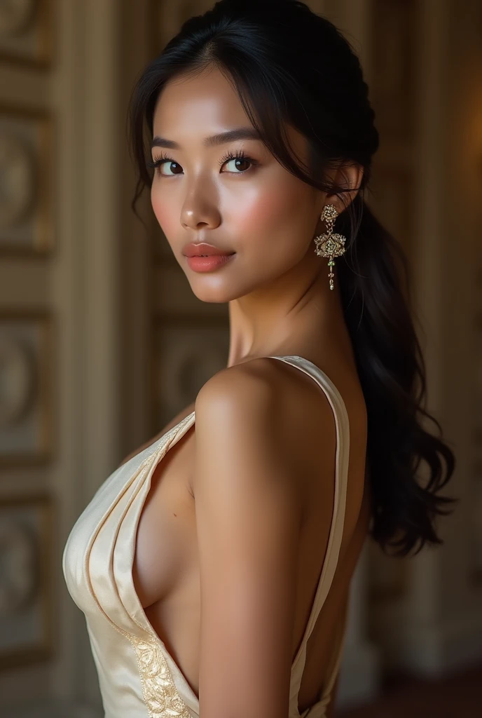 A Thai woman in her twenties wearing a sexy chut thai, simple traditional jewelry, large breasts, visible cleavage, detailed face. seductive pose, back to viewer
