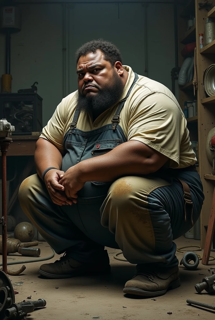 Create an ugly fat person photo, with dark black skin tone, poor class, dressed as a mechanic while in a crouching position
