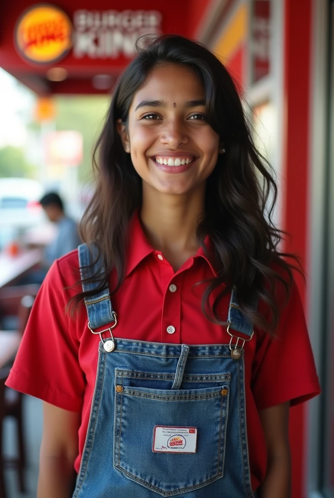 A 16 yr old Indian girl  at burgers king shop in a jeans and shirts outfits with a smile without a blur background 