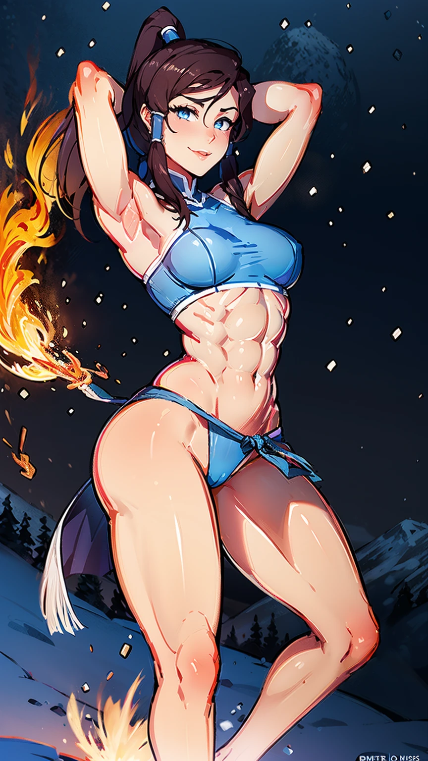 (Whole body:1.3) masterpiece, best quality, 1girl, korra, stmbright pale blue eyes, deep chestnut skin tone, toned arms , (strong shoulders) , light abs, (toned thighs), thighs showing, midriff showing, smile,standing, arms behind head pose, snow field, surrounded by mystical fire ring,