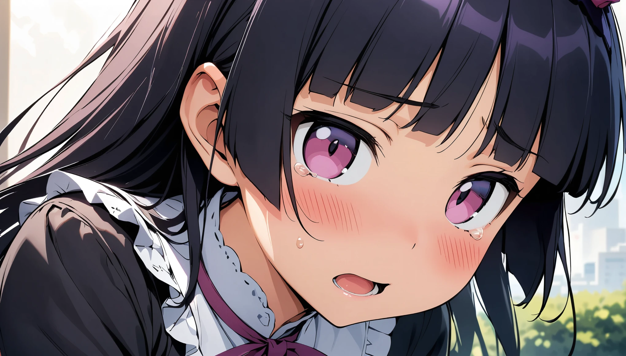 beautiful detailed eyes, purple eyes,(tareme), (1girl, gokou ruri, ore no imouto ga konna ni kawaii wake ga nai), (opened mouth), nsfw, curvy, Slender, (close-up mouth), Highest quality, Super detailed, masterpiece, Ultra-high resolution, 8k, Embarrassing, blush, Lovely, (With tears in her eyes and her mouth open), Sticky saliva