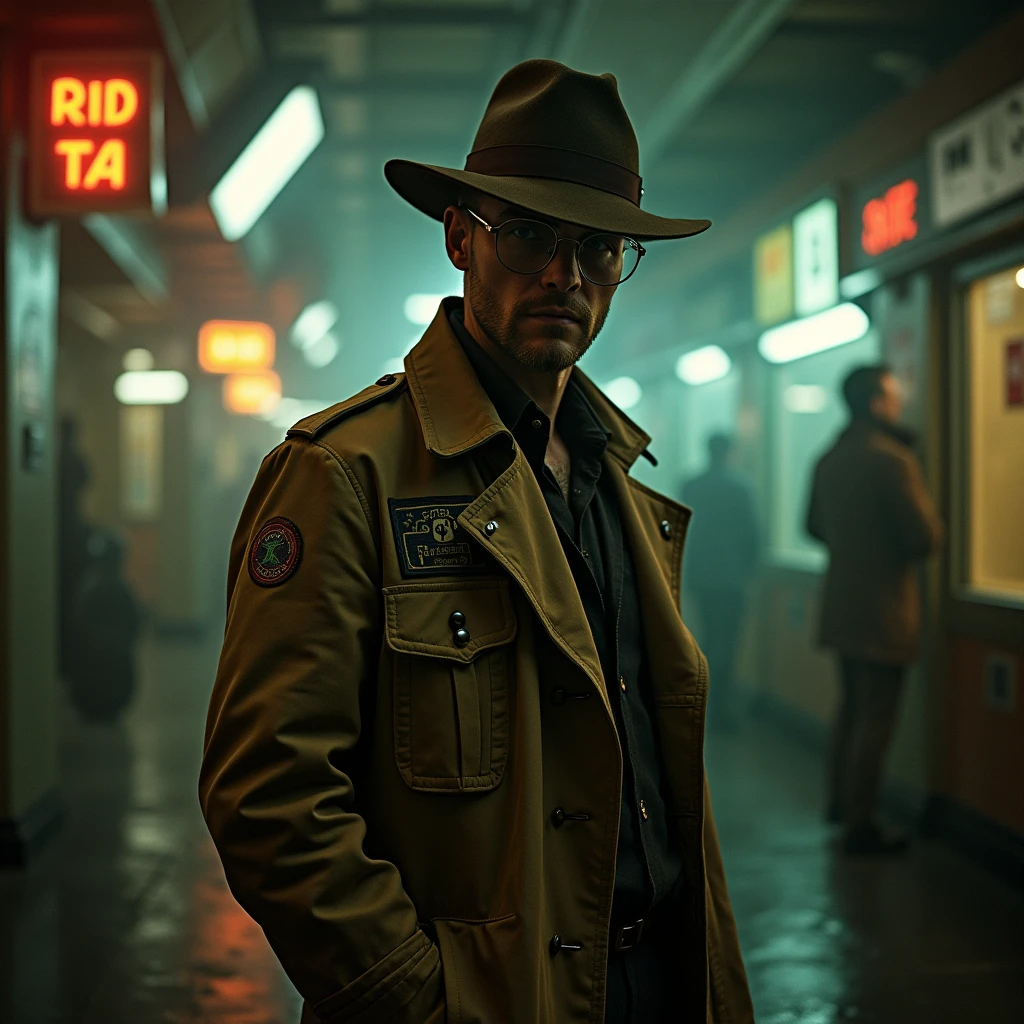 In a dimly lit corner of a bustling spaceport, a weathered private detective stands against a backdrop of flickering neon signs and smoky, industrial haze. This captivating lomographic photograph depicts a retro-futuristic noir-inspired scene, capturing the essence of intergalactic travel. The main subject, the detective, wears a worn trench coat replete with patches, revealing countless adventures. His eyes, veiled under a tilted fedora, hold a glimmer of sharp intuition, etched with wisdom. The grainy texture and muted colors enhance the nostalgic ambiance, transporting viewers to a forgotten era of mystery and exploration. This high-quality image masterfully balances vintage aesthetics and futuristic themes, inviting observers into a captivating cosmic tale.