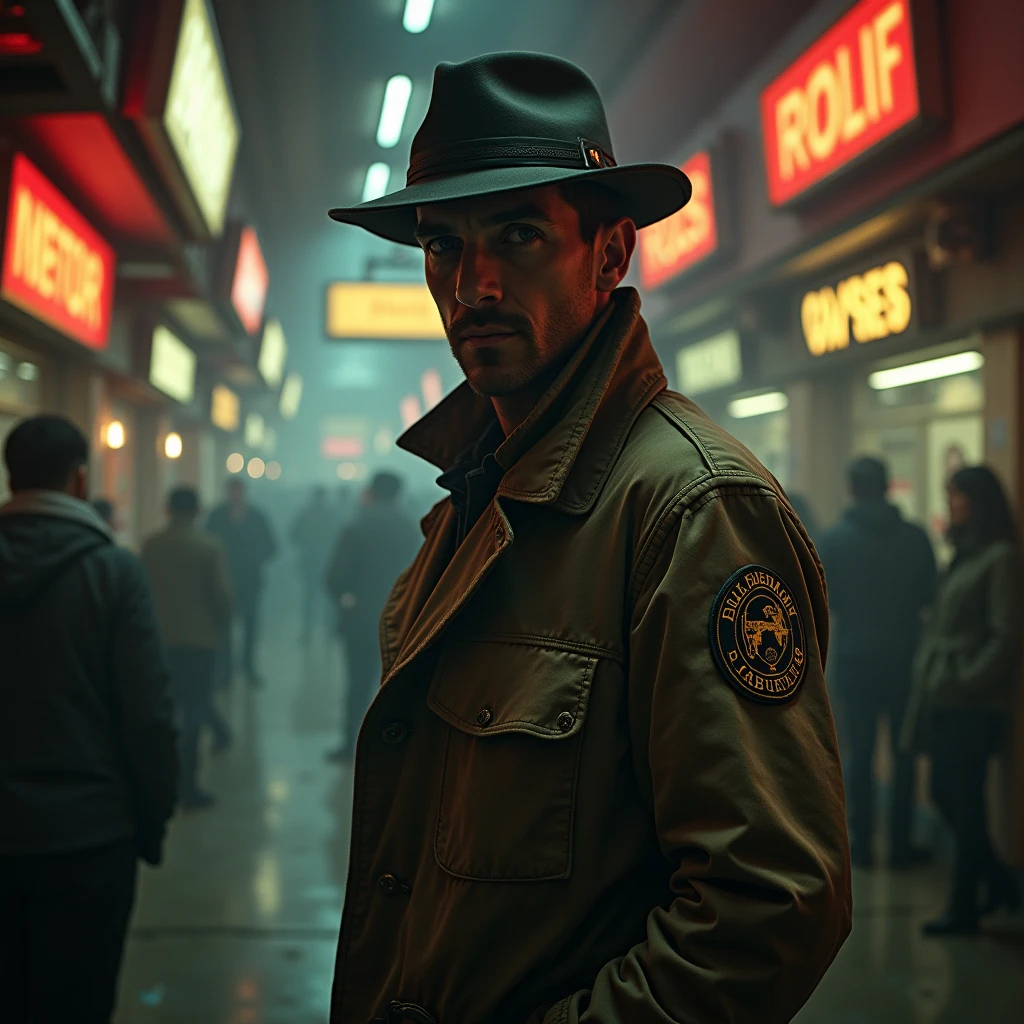 In a dimly lit corner of a bustling spaceport, a weathered private detective stands against a backdrop of flickering neon signs and smoky, industrial haze. This captivating lomographic photograph depicts a retro-futuristic noir-inspired scene, capturing the essence of intergalactic travel. The main subject, the detective, wears a worn trench coat replete with patches, revealing countless adventures. His eyes, veiled under a tilted fedora, hold a glimmer of sharp intuition, etched with wisdom. The grainy texture and muted colors enhance the nostalgic ambiance, transporting viewers to a forgotten era of mystery and exploration. This high-quality image masterfully balances vintage aesthetics and futuristic themes, inviting observers into a captivating cosmic tale.