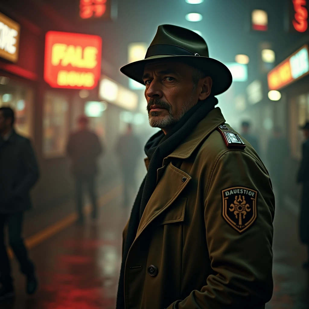 In a dimly lit corner of a bustling spaceport, a weathered private detective stands against a backdrop of flickering neon signs and smoky, industrial haze. This captivating lomographic photograph depicts a retro-futuristic noir-inspired scene, capturing the essence of intergalactic travel. The main subject, the detective, wears a worn trench coat replete with patches, revealing countless adventures. His eyes, veiled under a tilted fedora, hold a glimmer of sharp intuition, etched with wisdom. The grainy texture and muted colors enhance the nostalgic ambiance, transporting viewers to a forgotten era of mystery and exploration. This high-quality image masterfully balances vintage aesthetics and futuristic themes, inviting observers into a captivating cosmic tale.