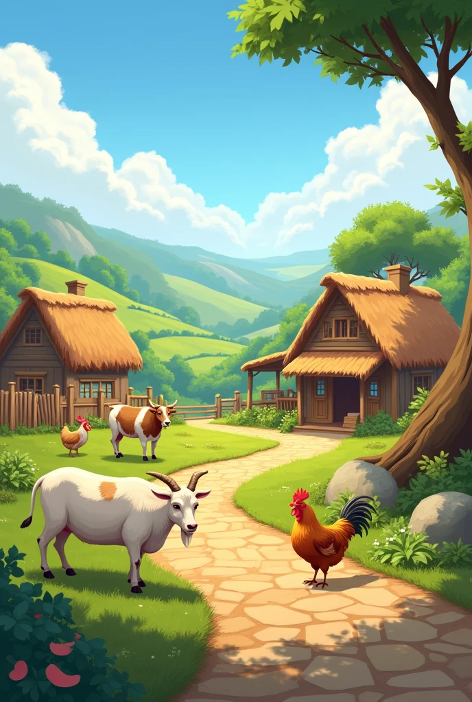 Beautiful village with goat, cow, hen and add text as Vijaya Ramalingam 