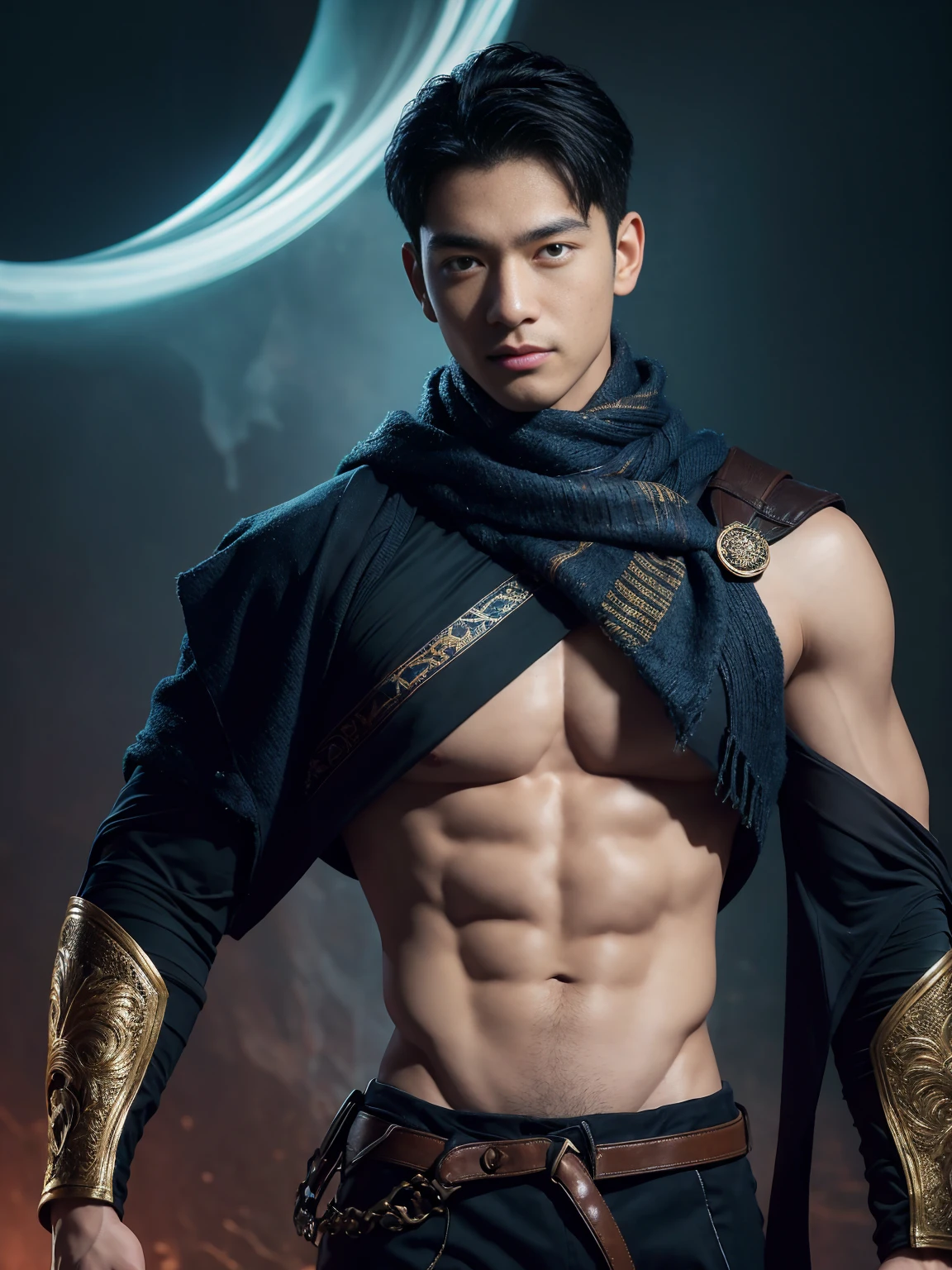 top-quality、​masterpiece、超A high resolution、(realisitic:1.4)、Detailed face、solo、１human male、The upper part of the body、Dark hair、glistning skin、dense skin、(asian human)、architectural、(absurderes、hight resolution、ultra-detailliert)、、1 male、Adults、(a 25-year-old man)、a handsome、tall muscular man、broad shoulder、extra very short hair、angular jaws、thick neck、thick eyebrow、extra very short hair、A dark-haired、fine eyes and detailed face、 Highly detailed CG Unity 8K wallpapers、intricate-detail、(Style Swirl Magic:0.7)、looking at the spectator、solo、(full body Esbian:0.6)、Detailed background、A detailed face、dynamicposes、、dynamic compositions、 big muscle、、((((bulge))))、a handsome、 ((masutepiece:1.4, Best Quality)), ((masutepiece, Best Quality)), (photographrealistic:1.4)、(((Sorcerer)))、grin, Surfing,、a smirk、Sunny and cloudy sky、(Complex blue long sleeve enchantment costume), scarf, the costume is too much revealing the tskin and thighs, fantasy Library Background:1.2), Photorealistic、cana、magic circles , bare thighs