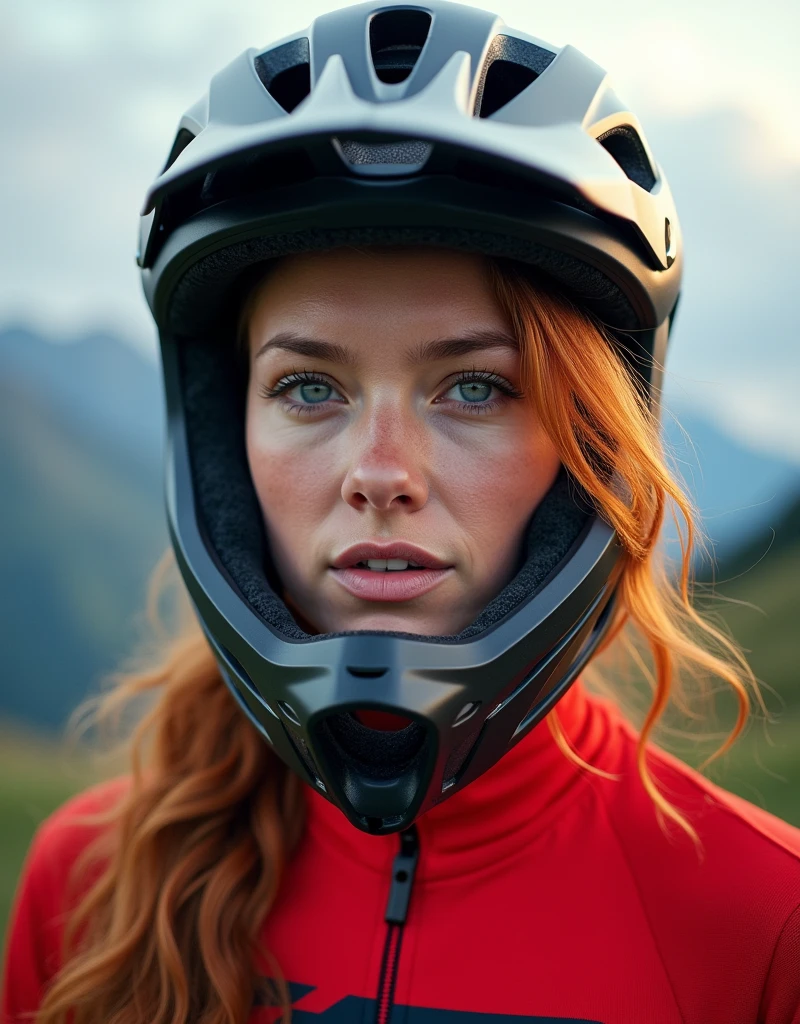 Cinematic portrait of a Beautiful Gorgeous Professional feMale Mountain Bike Enduro Racer [Elizabeth II:Maude Adams:0.4], detailed content passionate face expression, wearing a red Lycra Enduro Racing Mountain Bike Jersey, a fancy Enduro MTB helmet, flowing blown beautiful ginger hair, highly detailed, evocative, high contrast, vibrant Alpen Mountain range as the background, masterpiece professional sport photography with Annie Leibovitz Photography style