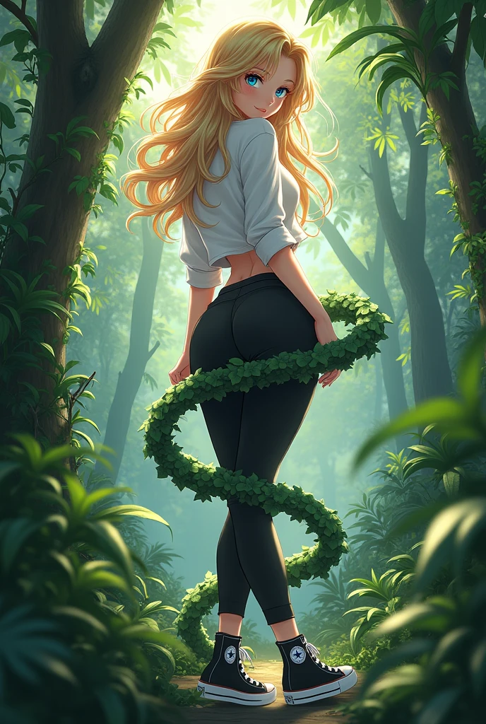 Beautiful anime girl, blonde hair, blue eyes, jungle background, vines coiled around her legs, black high top converse shoes, black leggings, white shirt, butt, vines. 