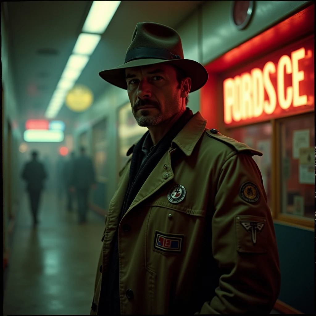 In a dimly lit corner of a bustling spaceport, a weathered private detective stands against a backdrop of flickering neon signs and smoky, industrial haze. This captivating lomographic photograph depicts a retro-futuristic noir-inspired scene, capturing the essence of intergalactic travel. The main subject, the detective, wears a worn trench coat replete with patches, revealing countless adventures. His eyes, veiled under a tilted fedora, hold a glimmer of sharp intuition, etched with wisdom. The grainy texture and muted colors enhance the nostalgic ambiance, transporting viewers to a forgotten era of mystery and exploration. This high-quality image masterfully balances vintage aesthetics and futuristic themes, inviting observers into a captivating cosmic tale.