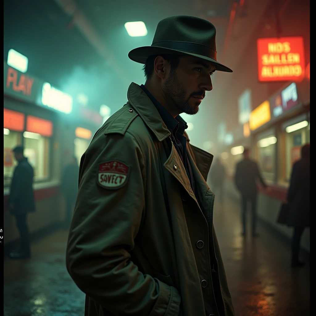 In a dimly lit corner of a bustling spaceport, a weathered private detective stands against a backdrop of flickering neon signs and smoky, industrial haze. This captivating lomographic photograph depicts a retro-futuristic noir-inspired scene, capturing the essence of intergalactic travel. The main subject, the detective, wears a worn trench coat replete with patches, revealing countless adventures. His eyes, veiled under a tilted fedora, hold a glimmer of sharp intuition, etched with wisdom. The grainy texture and muted colors enhance the nostalgic ambiance, transporting viewers to a forgotten era of mystery and exploration. This high-quality image masterfully balances vintage aesthetics and futuristic themes, inviting observers into a captivating cosmic tale.