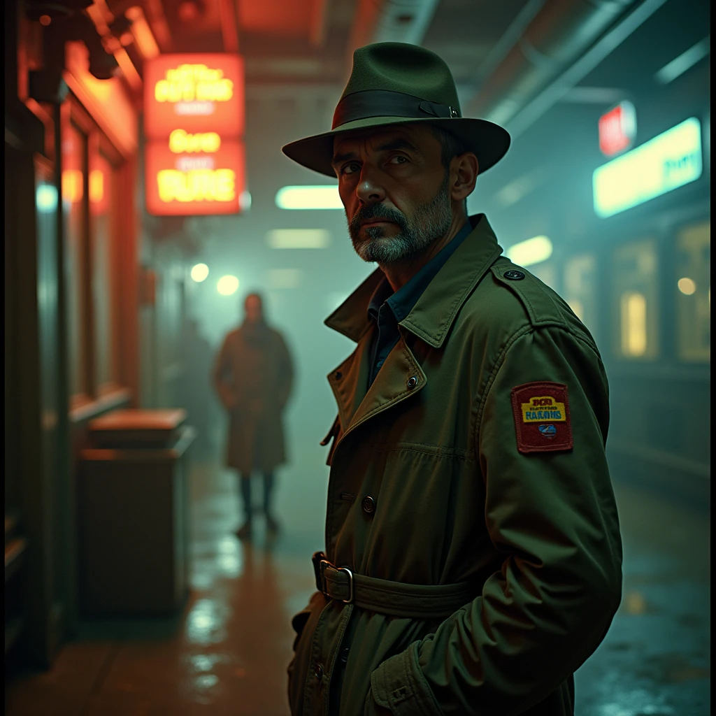 In a dimly lit corner of a bustling spaceport, a weathered private detective stands against a backdrop of flickering neon signs and smoky, industrial haze. This captivating lomographic photograph depicts a retro-futuristic noir-inspired scene, capturing the essence of intergalactic travel. The main subject, the detective, wears a worn trench coat replete with patches, revealing countless adventures. His eyes, veiled under a tilted fedora, hold a glimmer of sharp intuition, etched with wisdom. The grainy texture and muted colors enhance the nostalgic ambiance, transporting viewers to a forgotten era of mystery and exploration. This high-quality image masterfully balances vintage aesthetics and futuristic themes, inviting observers into a captivating cosmic tale.