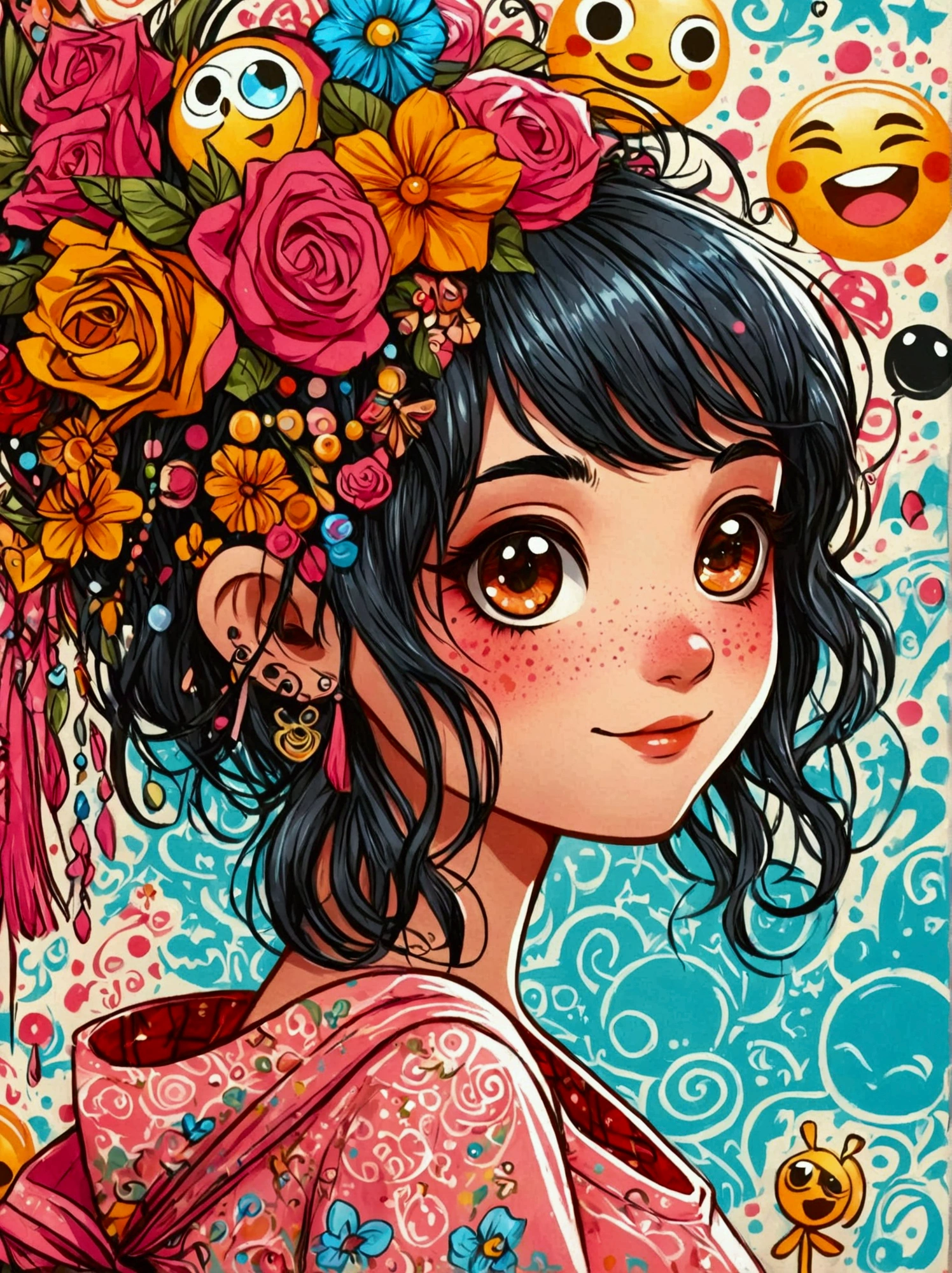 a cartoon illustration of a cute girl in a pink sling over art by mrs becca doodlefly, in the style of grunge beauty, sandara tang, mixed patterns, text and emoji installations, close up, charming character illustrations, folkloric