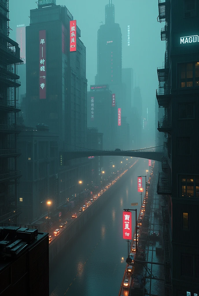 Vertion Dark Fantasy of Movie Blade Runner 2049, Panoramic view of City, NeoPunk, CiberPunk, Distopic City, Distopic View, Skine Line, Buildings, spinner vehicule, rain, ligths, smoke, nigth, realism, hiper realism, photo realism, perfection, master piece, beautiful view, mist, hologram, advertising, merkating, human, people, 8k, 4k. Sciencie fiction, architecture, android, robot, neon ligth, trash, garbage, metropolis, river, gate, bridge, sheap.