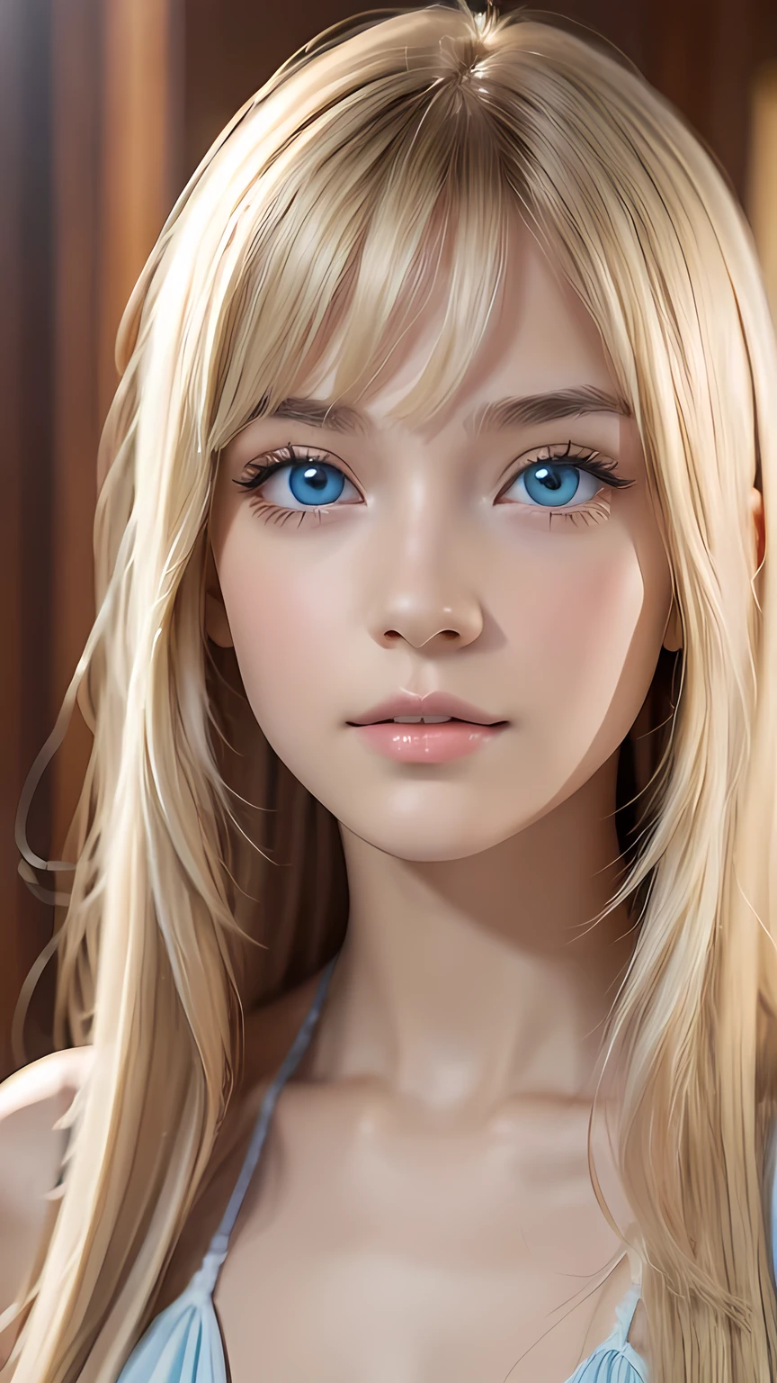 Crystal clear and shiny skin、Cute with beautiful face、Very large, beautiful, bright, pale sky blue eyes、Very big eyes、Super long straight hair that shines in the light、Long, silky bangs that cover her cute eyes、Hair that hides sexy featurtoo long bangs、Sexy and cute ng beauty、Super long natural young blonde hair with sparkling highlights Blonde over one eye Blonde over one eye、Blonde hair between the eyes