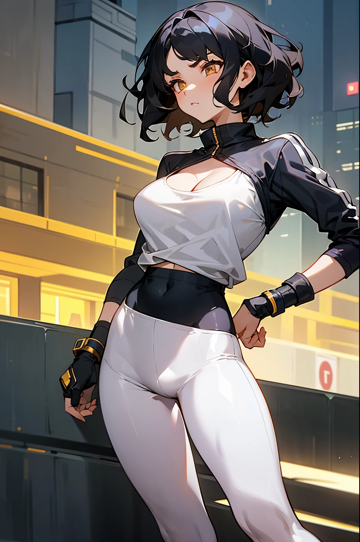 1female , undercut hair , wavy hair ,short hair, black Hair , golden Eyes , lean build ,teen female , Serious Expression , Modern City Background , modern city background, White Shirt exposing cleavage , Tight Leggings, casual clothing