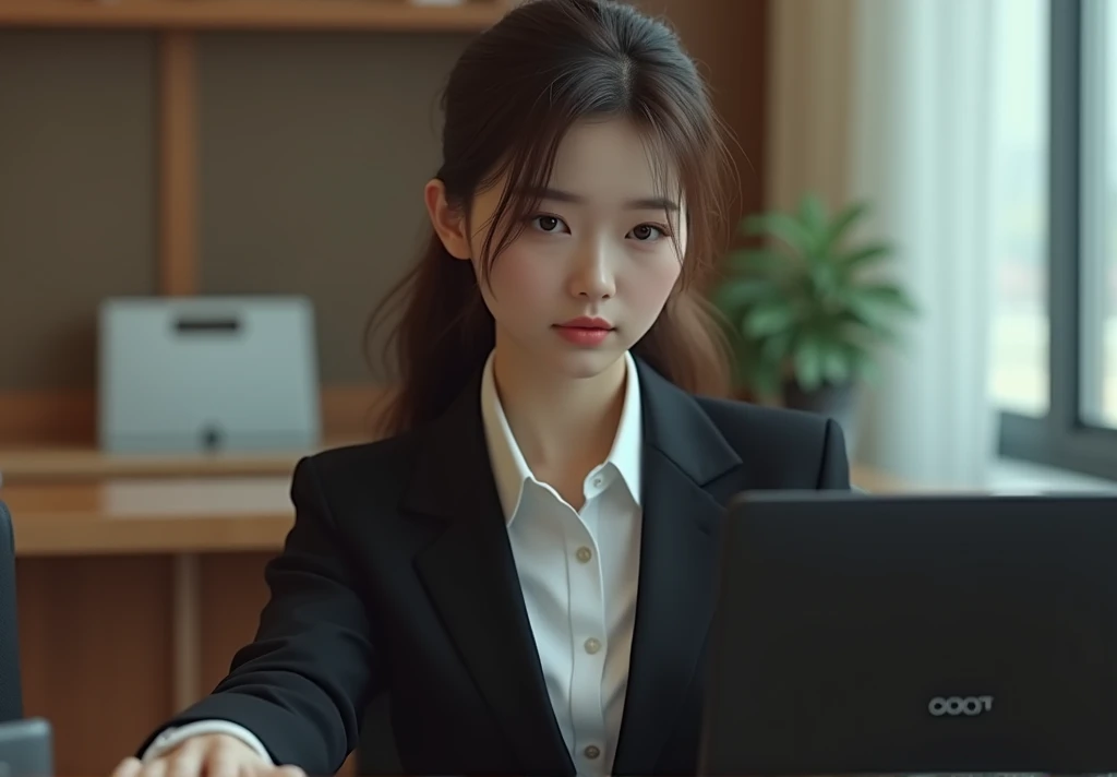 Elegant upper-class elite secretary in a business shirt, Working in the office、Wearing a serious suit, Wear stockings、Wear high-end heels、 Girl in shirt, Wearing a suit, Wearing a suit, Wearing a suit, Female Merchant, Business Clothing, Wearing a black suit, Wear a shirt and skirt, Wearing a suit的女人, business attire, Business Attire, RAW photos, (8K、Top quality、masterpiece:1.2)、(Intricate details:1.4)、(Photorealistic:1.4)、Octane Rendering、Complex 3D rendering with ultra-details, Studio Soft Light, Rim Light, Vivid details, Super Detail, Realistic skin texture, Detail face, eyes in beautiful detail, Highly detailed CG Unity 16k wallpaper, cosmetic, (Detailed background:1.2), Show your thighs!!!,