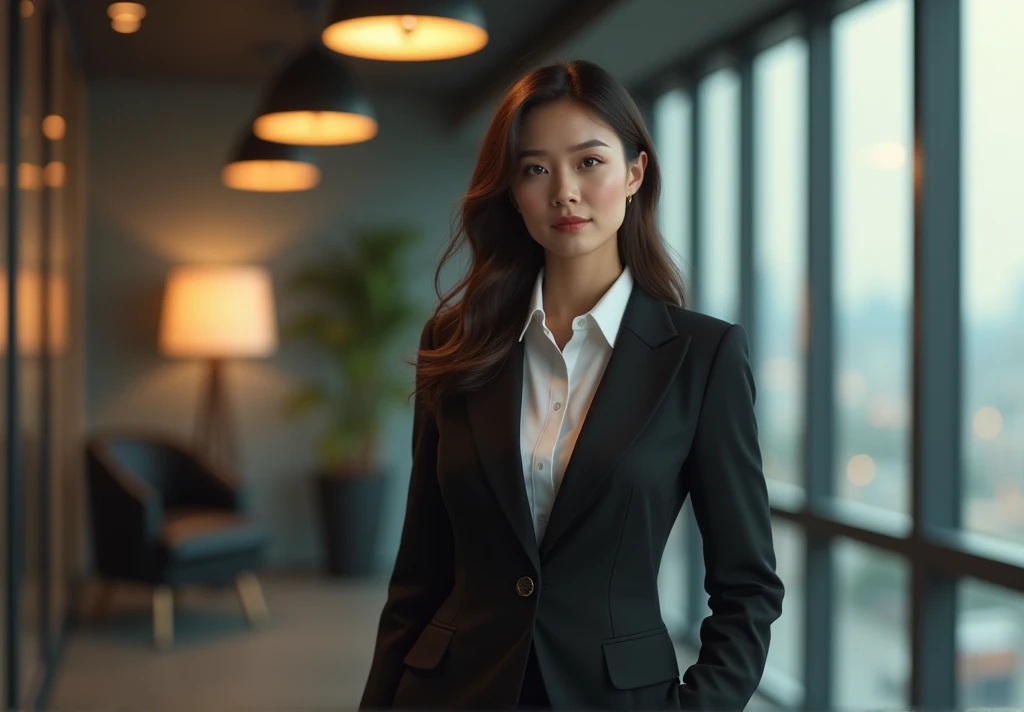 Elegant upper-class elite secretary in a business shirt, Working in the office、Wearing a serious suit, Wear stockings、Wear high-end heels、 Girl in shirt, Wearing a suit, Wearing a suit, Wearing a suit, Female Merchant, Business Clothing, Wearing a black suit, Wear a shirt and skirt, Wearing a suit的女人, business attire, Business Attire, RAW photos, (8K、Top quality、masterpiece:1.2)、(Intricate details:1.4)、(Photorealistic:1.4)、Octane Rendering、Complex 3D rendering with ultra-details, Studio Soft Light, Rim Light, Vivid details, Super Detail, Realistic skin texture, Detail face, eyes in beautiful detail, Highly detailed CG Unity 16k wallpaper, cosmetic, (Detailed background:1.2), Show your thighs!!!,