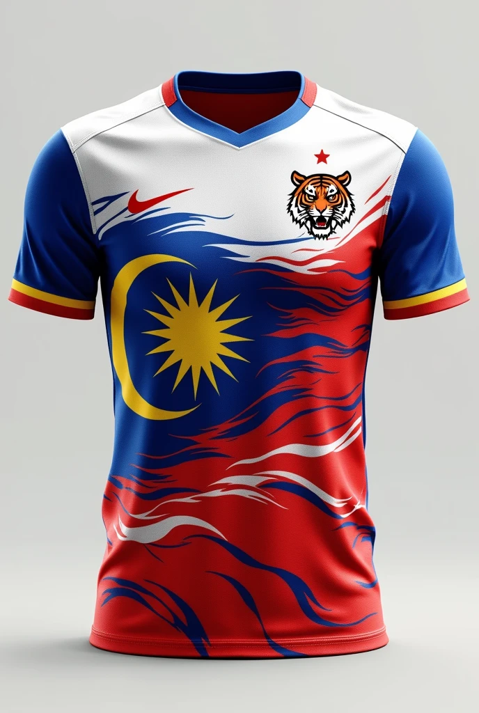 Make a white jersey. Add some tiger stripes. Colour the stripes with red colour, blue colour and yellow colour on the stripes. Add star and moon as the Malaysia flag