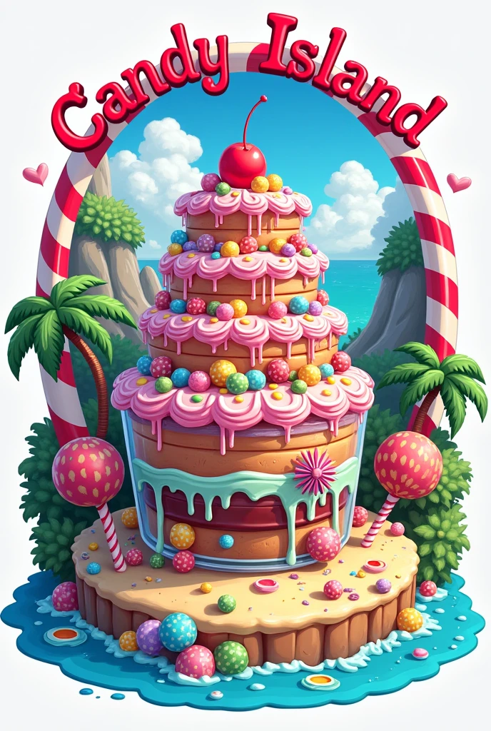 I want a logo for a candy store called Candy Island. I want the island inspired by Big Mom's island from One Piece and the cake changed to a jar cake.