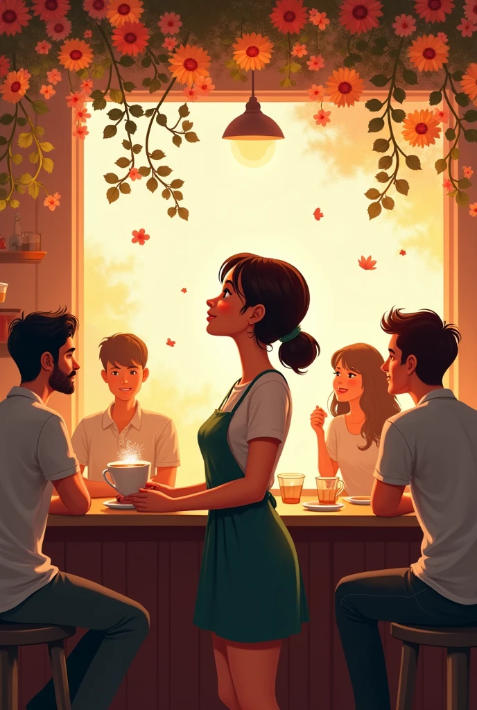 girl is working in a coffee but its connects real life couples kindly create a poster “kelayo kanmani”