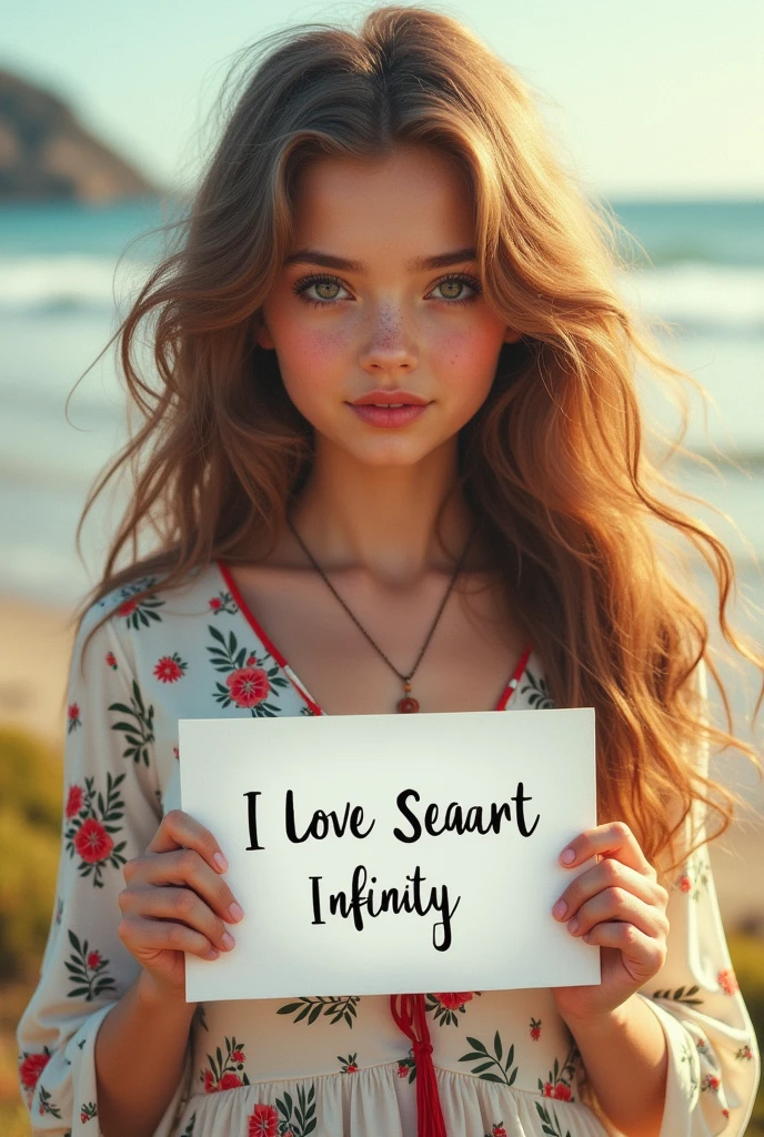 Beautiful girl with wavy long hair, bohemian dress, holding a white board with text "I Love Seaart Infinity" and showing it to the viewer