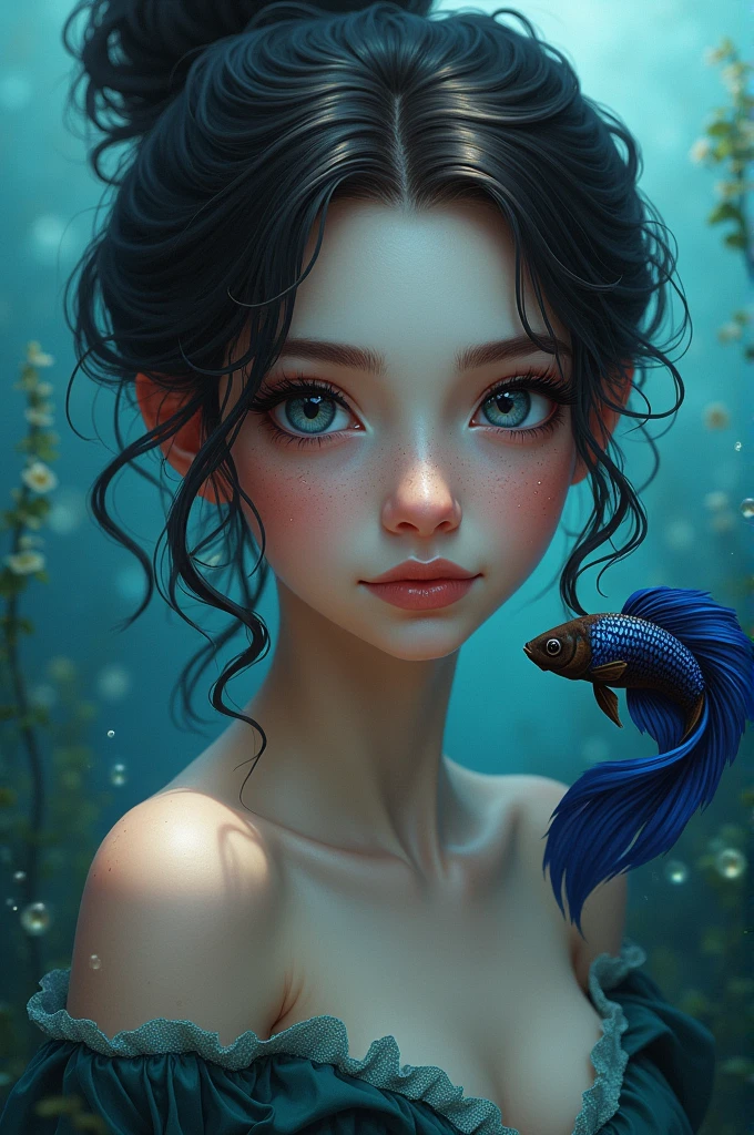 Triton with dark brown hair tending to black, gray blue eyes, medium pale white skin ,small freckles scattered across her cheeks and shoulders, Liam is a betta fish newt, His betta fish tail is dark blue with cobalt blue fin tips., Liam's fish tail has small scales that change between shades of blue and green