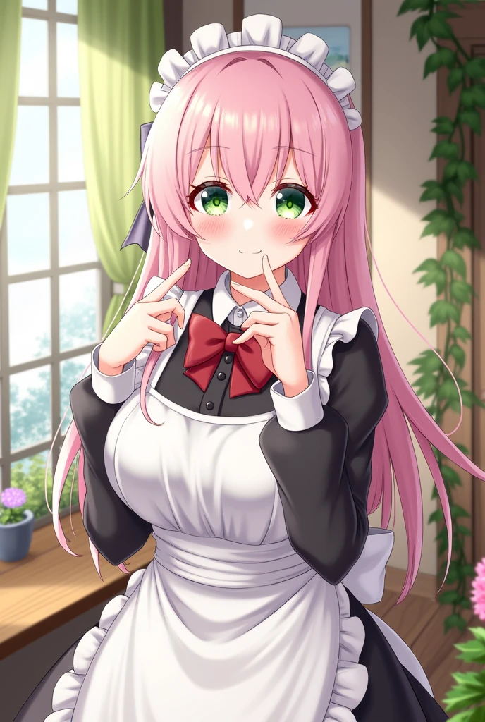 insanely detailed, absurdres, ultra-highres, ultra-detailed, best quality,
1girl, solo, nice hands, perfect hands,
BREAK
apron, blush, bow, bowtie, frilled apron, frills, long sleeves, maid, maid apron, maid headdress, waist apron, white apron
BREAK
smile, closed mouth
BREAK
finger to mouth, index finger raised, shushing, cowboy shot, looking at viewer,
BREAK
slender, kawaii, perfect symmetrical face, ultra cute girl, ultra cute face, ultra detailed eyes, ultra detailed hair, ultra cute, ultra beautiful,
BREAK
day, flower, ivy, leaf, indoors, open door, plant, potted plant, vines, window,
BREAK
white (pink:1.2) hair, green eyes, long hair, medium breasts, bangs, eyebrows visible through hair,